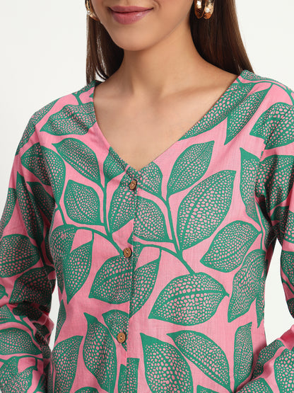 Pink Leafy V Neck Printed Shirt