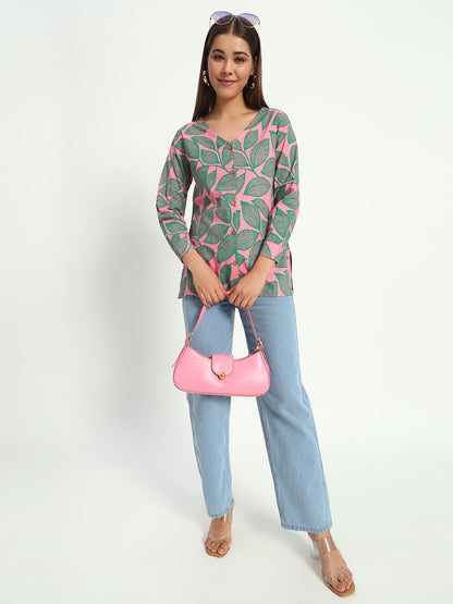 Pink Leafy V Neck Printed Shirt