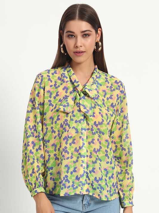 Yellow Petal Print Bow Shirt