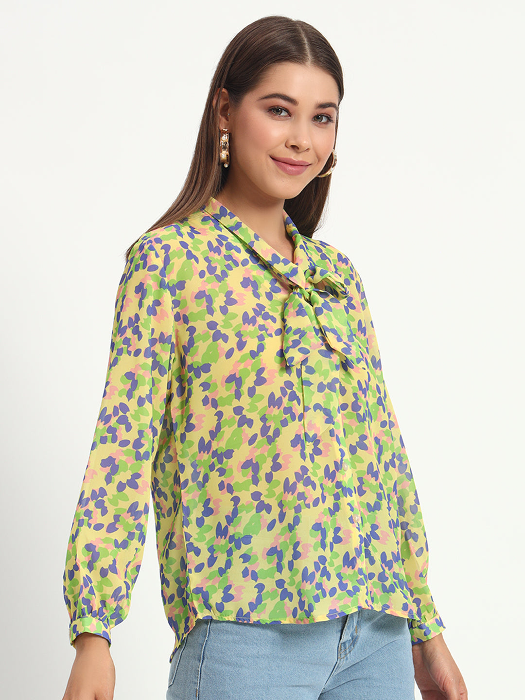 Yellow Petal Print Bow Shirt