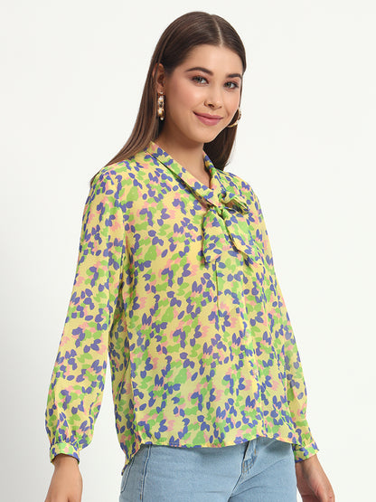 Yellow Petal Print Bow Shirt