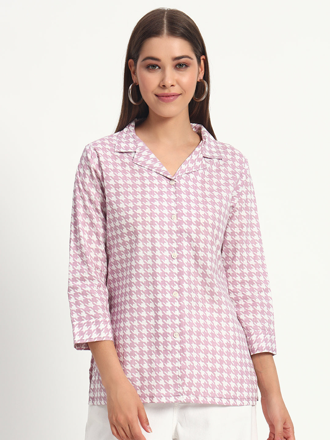 Lilac Houndstooth Lapel Collar Shirt