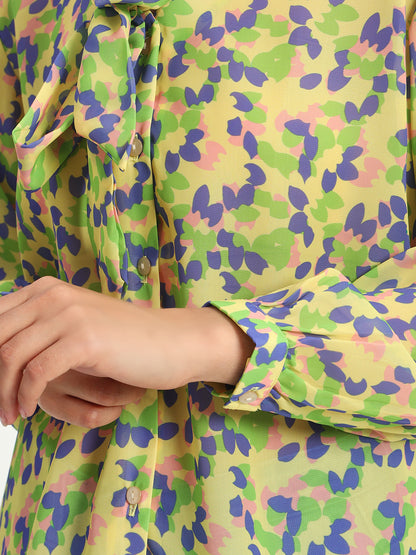 Yellow Petal Print Bow Shirt