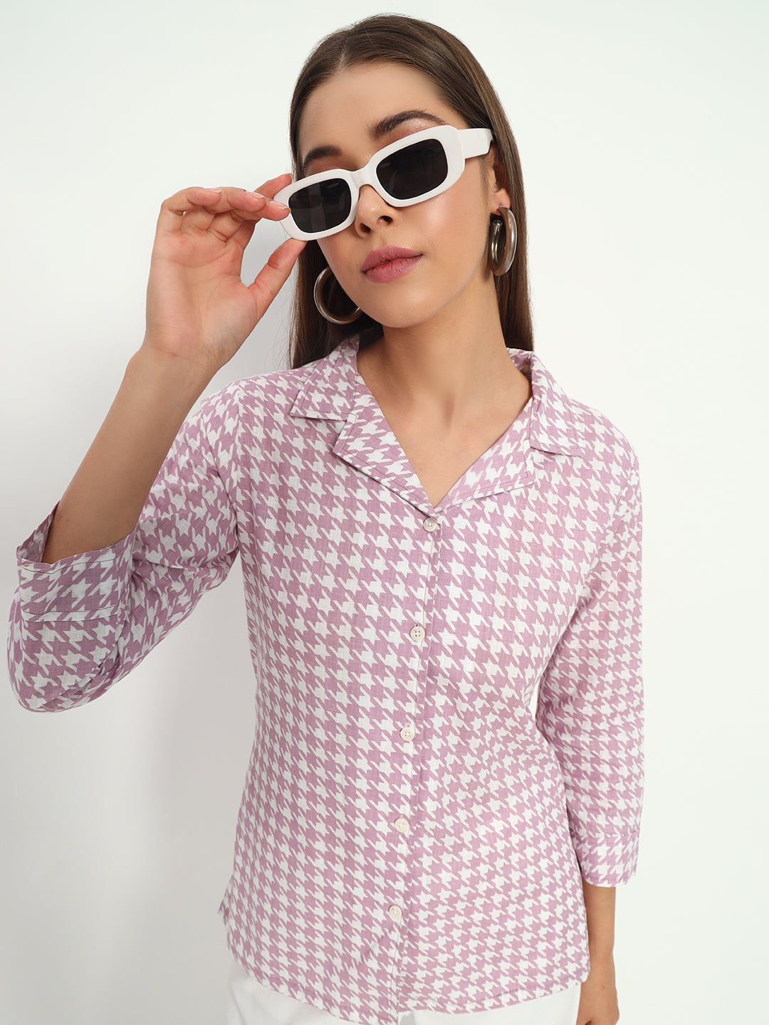 Lilac Houndstooth Lapel Collar Shirt