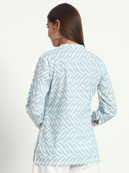 Printed Blue Mandarin Collar Shirt