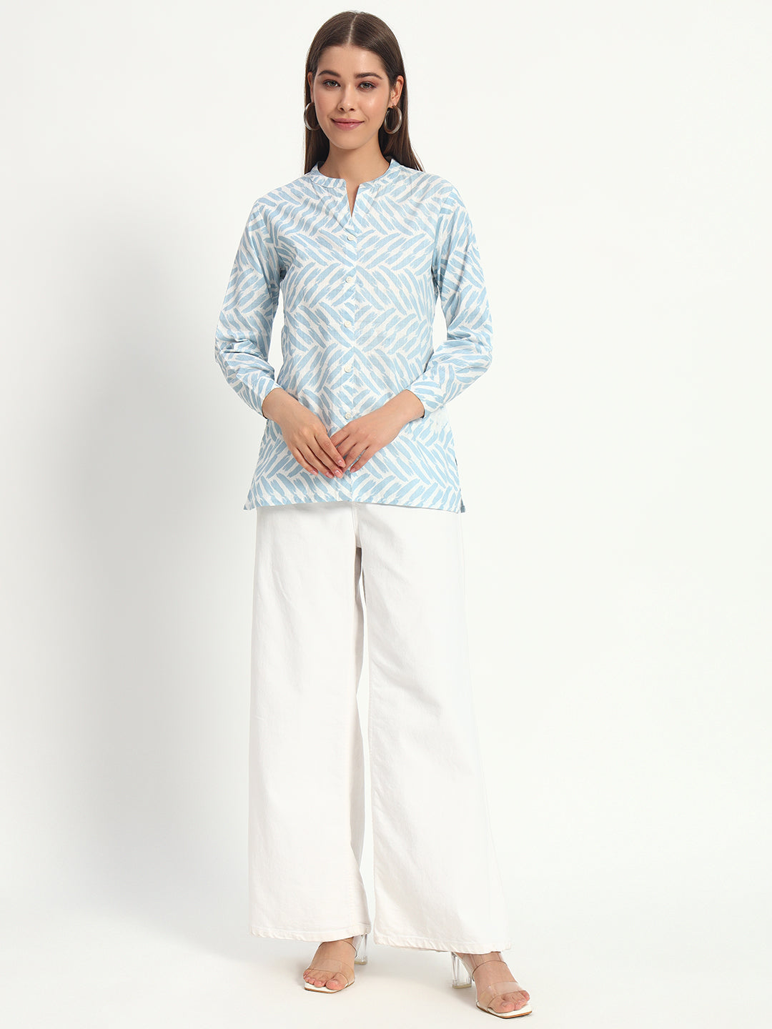 Printed Blue Mandarin Collar Shirt