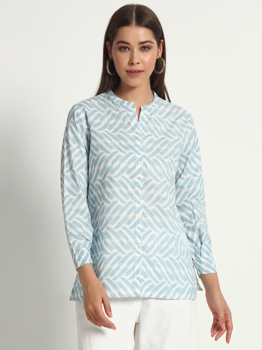 Printed Blue Mandarin Collar Shirt