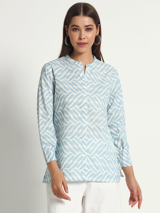 Printed Blue Mandarin Collar Shirt