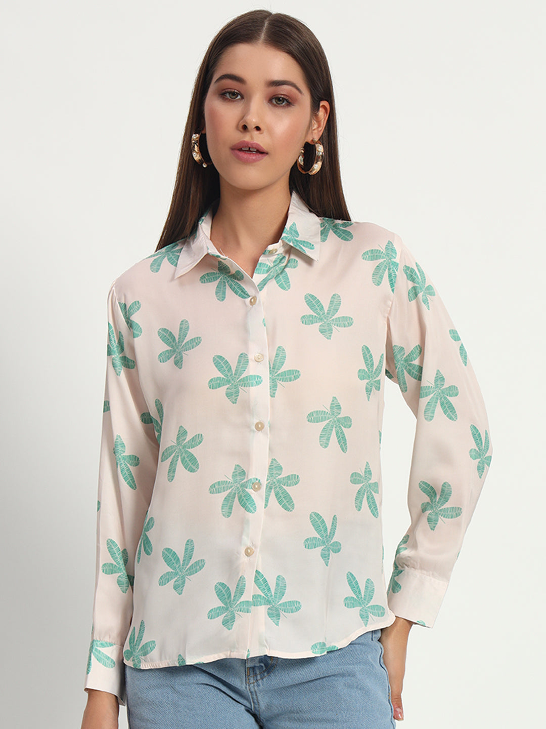 Off White Floral Print Shirt