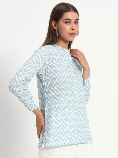 Printed Blue Mandarin Collar Shirt