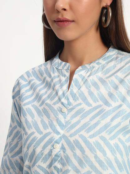 Printed Blue Mandarin Collar Shirt