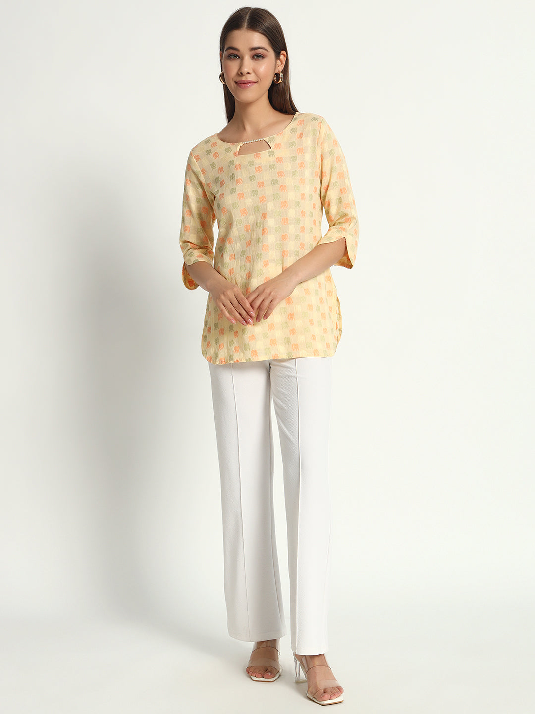 Yellow Beaded Cotton Short Tunic