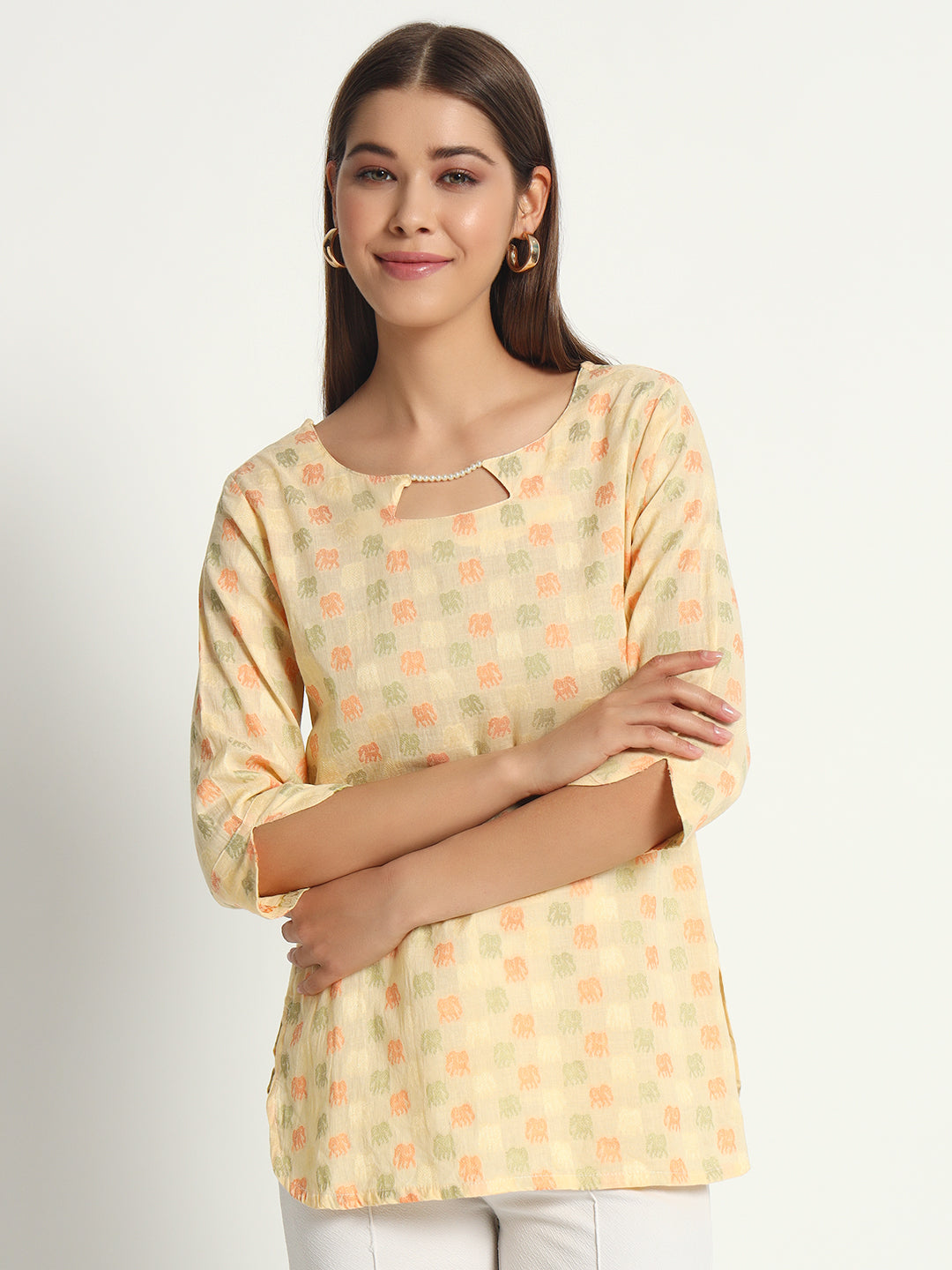 Yellow Beaded Cotton Short Tunic