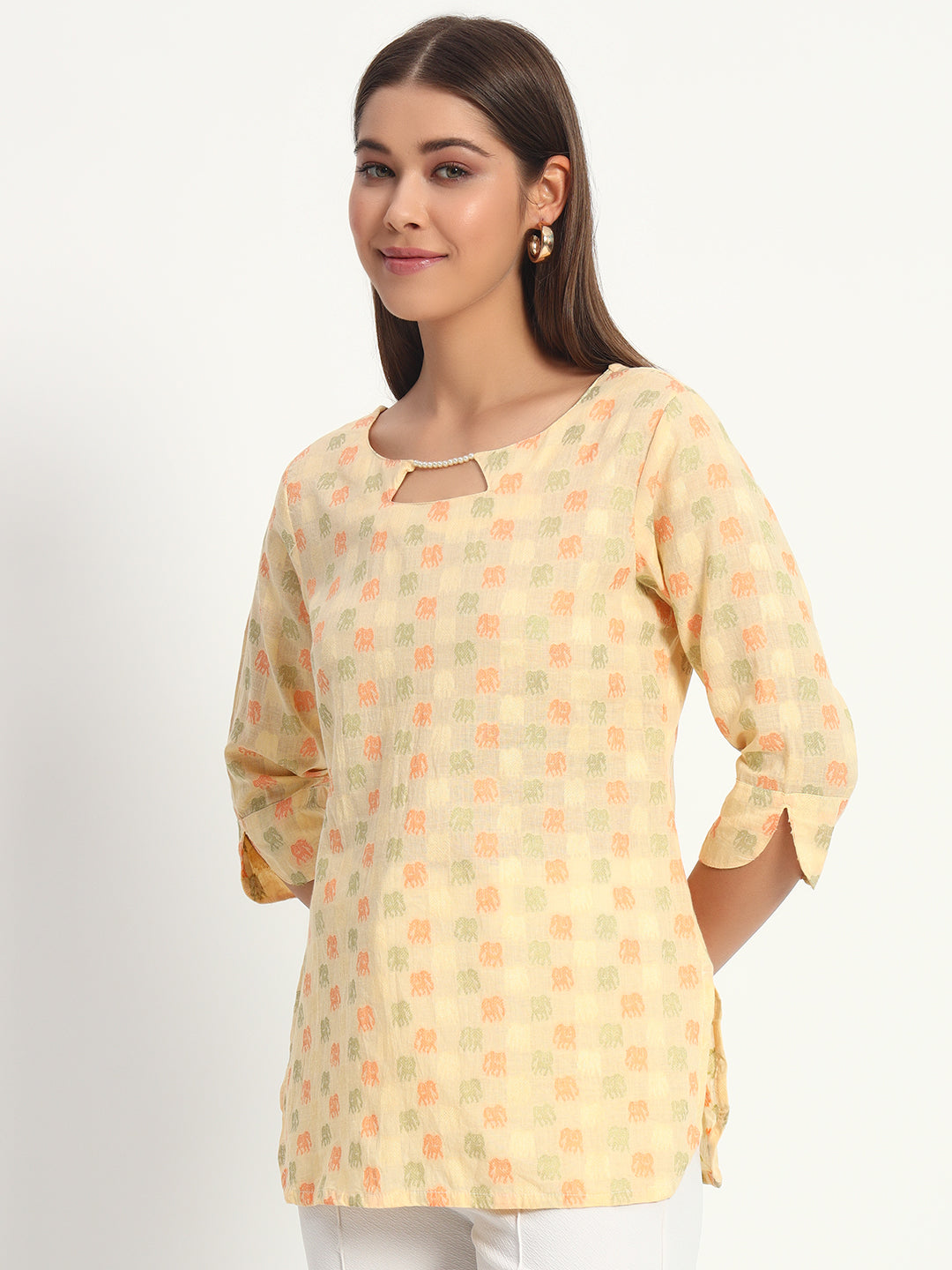 Yellow Beaded Cotton Short Tunic