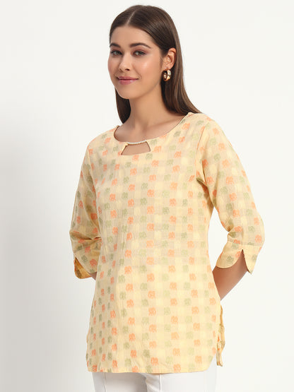 Yellow Beaded Cotton Short Tunic