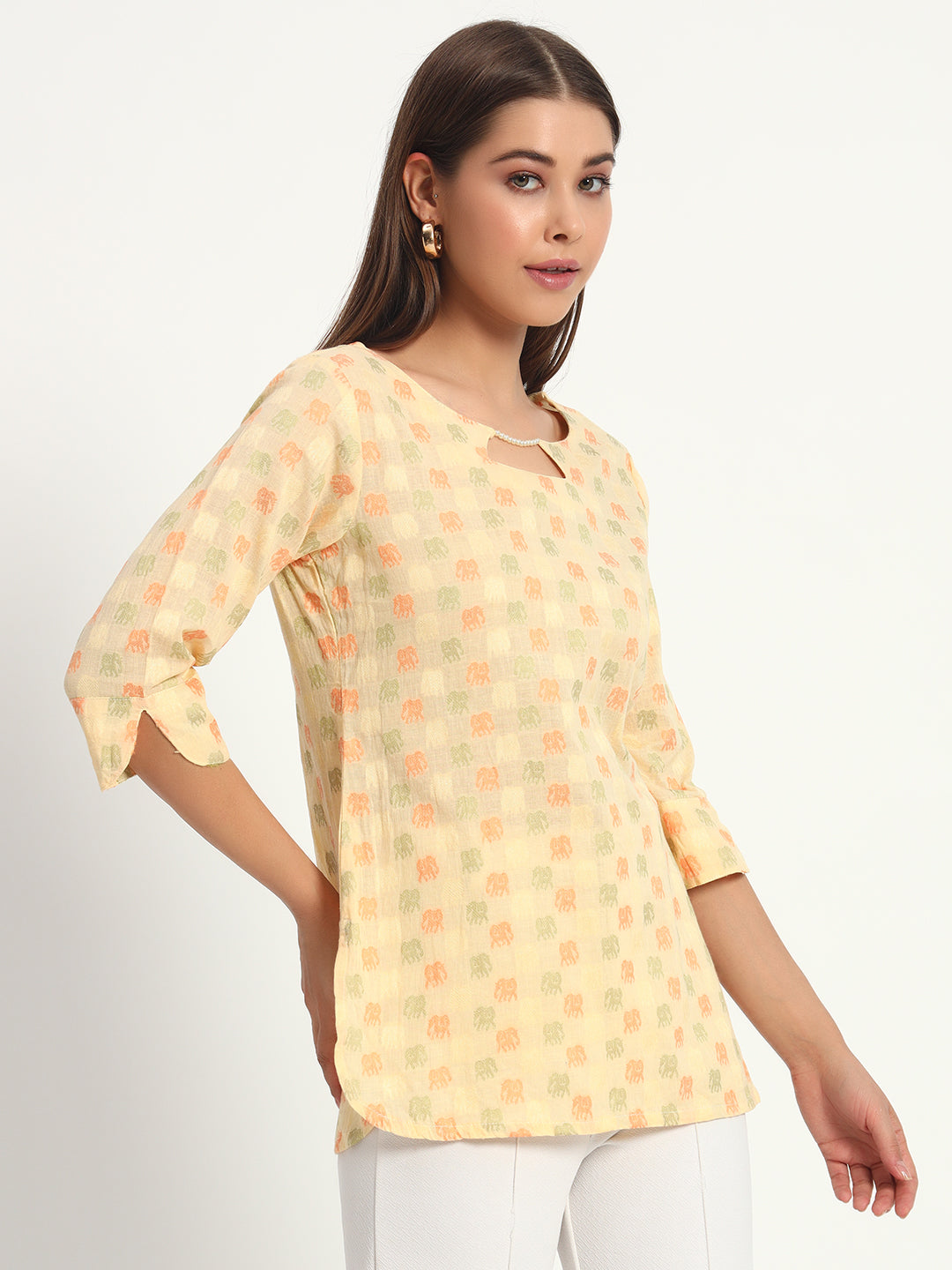 Yellow Beaded Cotton Short Tunic