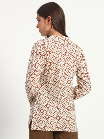 Printed Beige Mandarin Collar Shirt