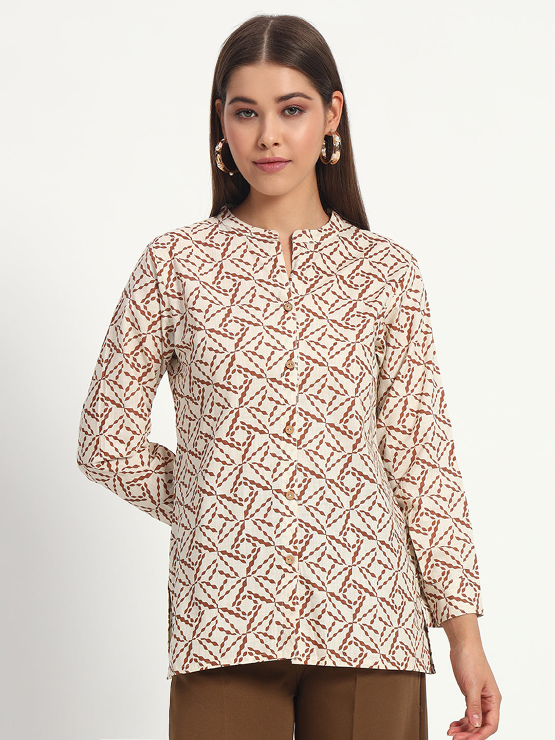 Printed Beige Mandarin Collar Shirt