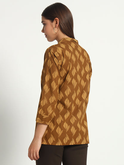 Brown Printed Lapel Collar Shirt