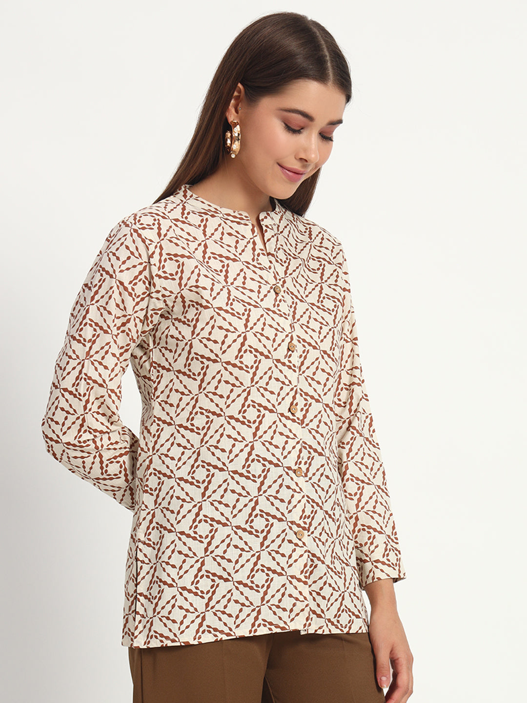 Printed Beige Mandarin Collar Shirt