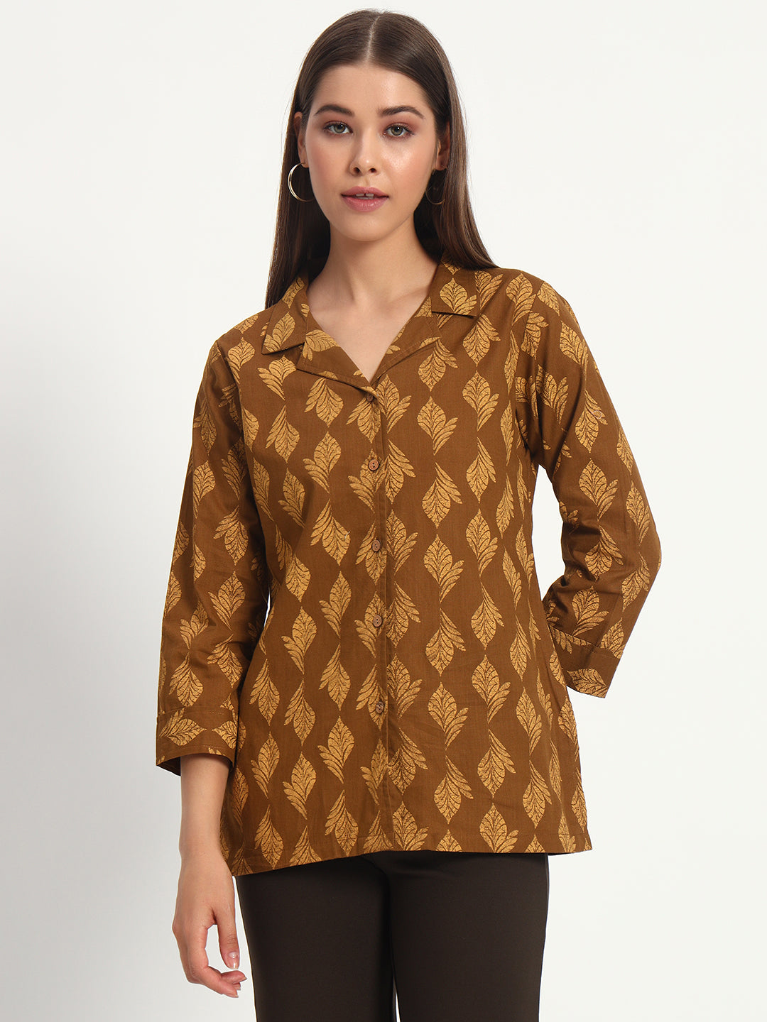 Brown Printed Lapel Collar Shirt