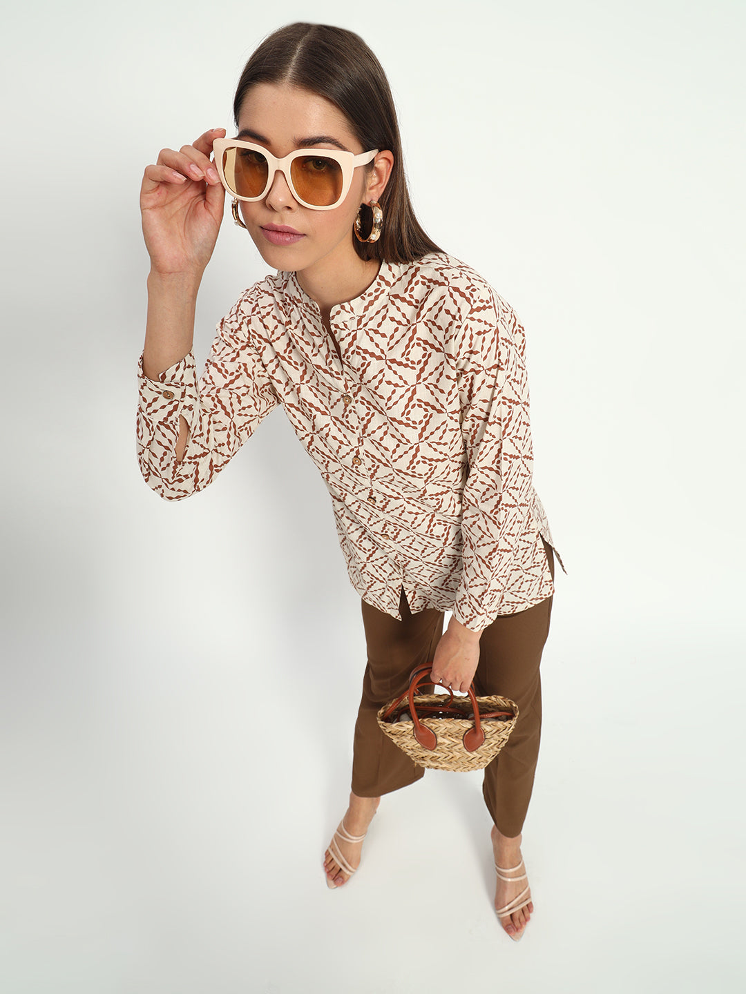 Printed Beige Mandarin Collar Shirt