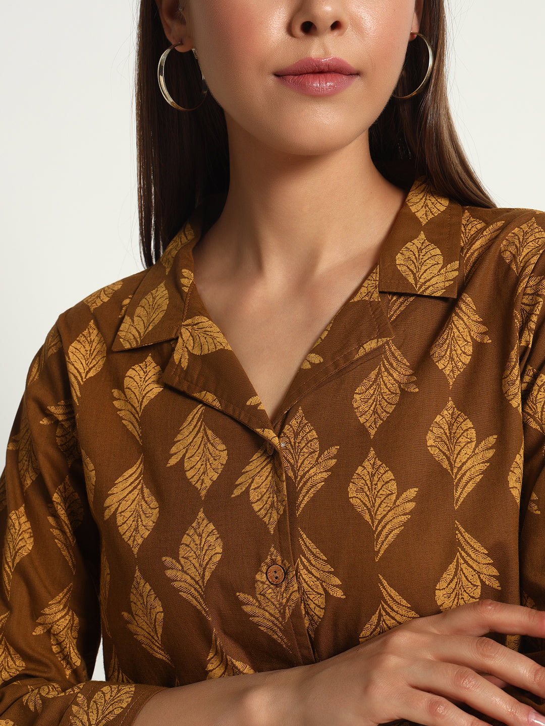 Brown Printed Lapel Collar Shirt