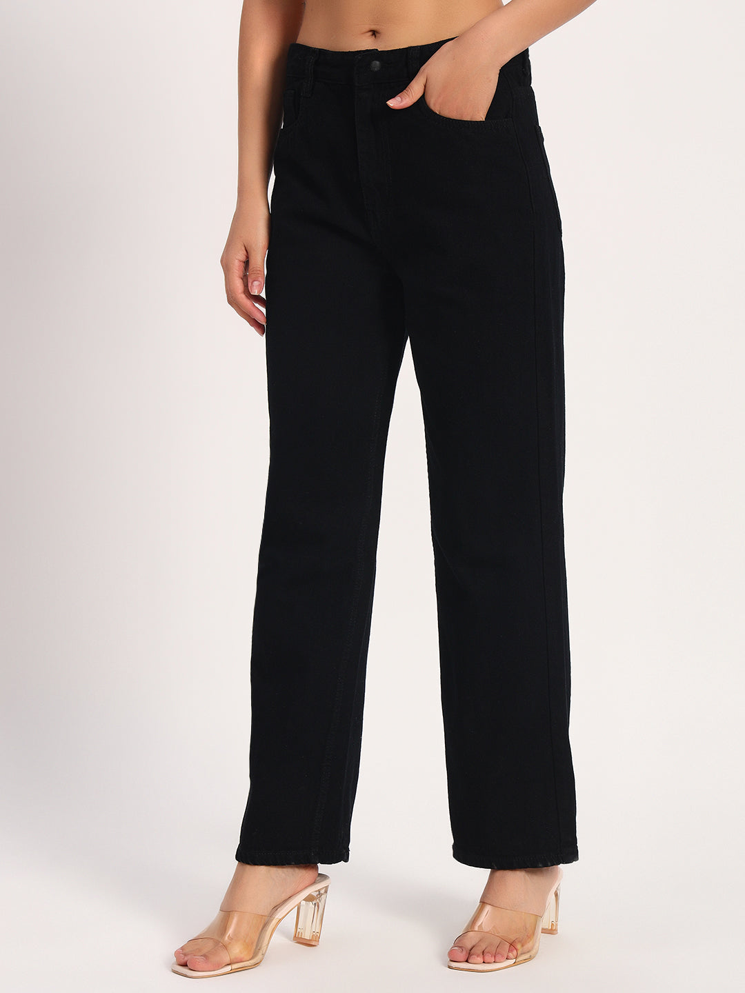 Black Straight Fit Wide Leg Jeans