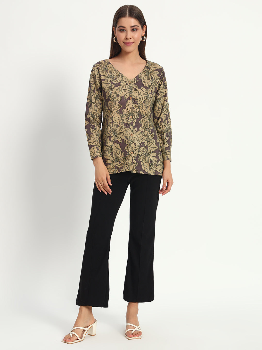 Dusty Plum Floral V Neck Shirt