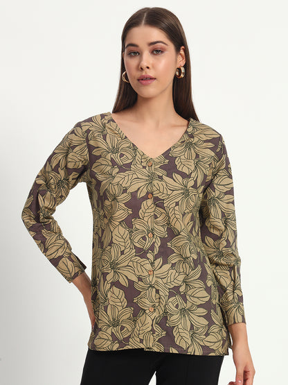 Dusty Plum Floral V Neck Shirt