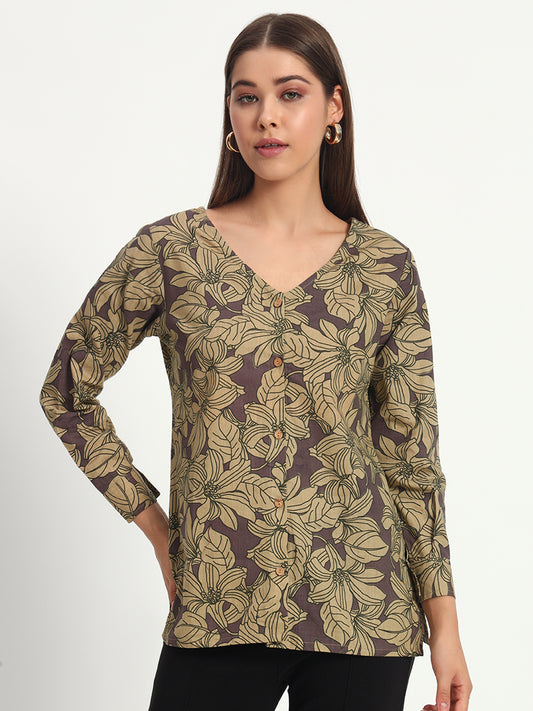 Dusty Plum Floral V Neck Shirt