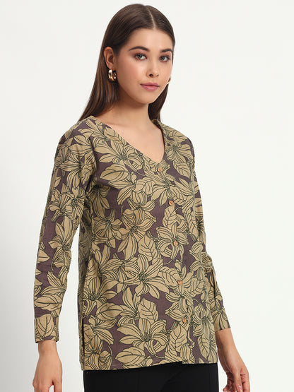 Dusty Plum Floral V Neck Shirt