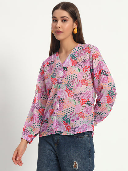 Lilac Printed V Neck Shirt