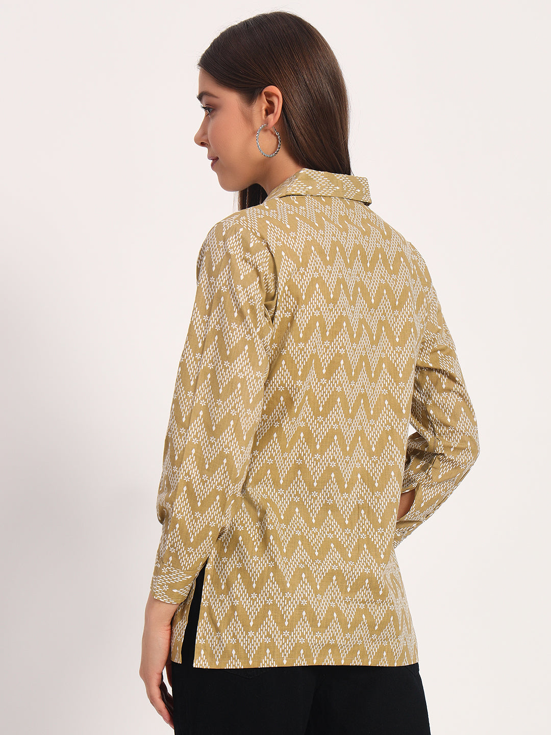 Khaki Zigzag Print Linen Shirt