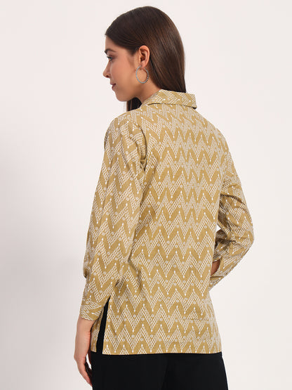 Khaki Zigzag Print Linen Shirt