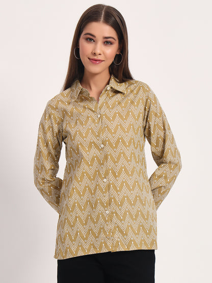 Khaki Zigzag Print Linen Shirt