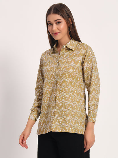 Khaki Zigzag Print Linen Shirt