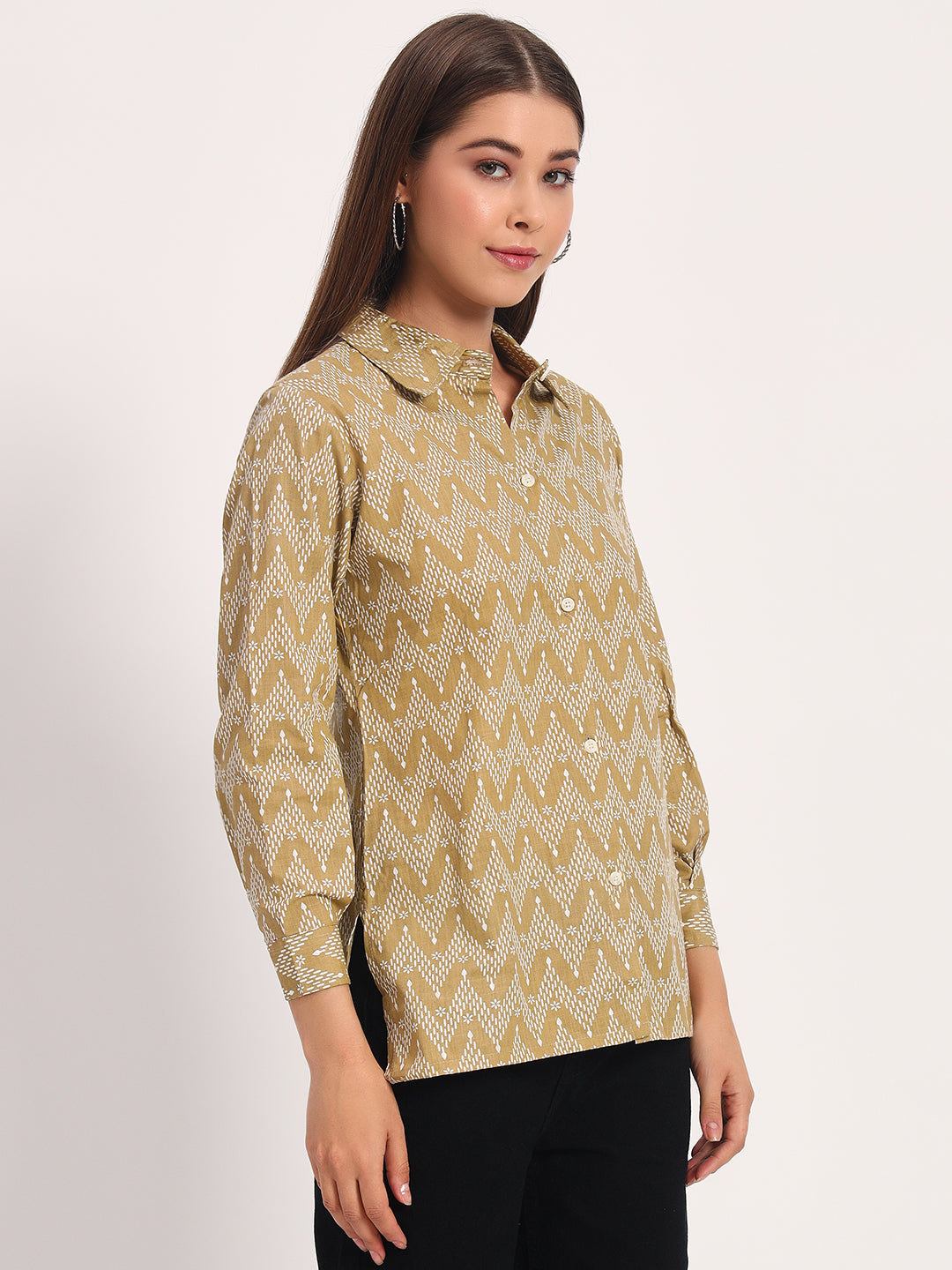 Khaki Zigzag Print Linen Shirt