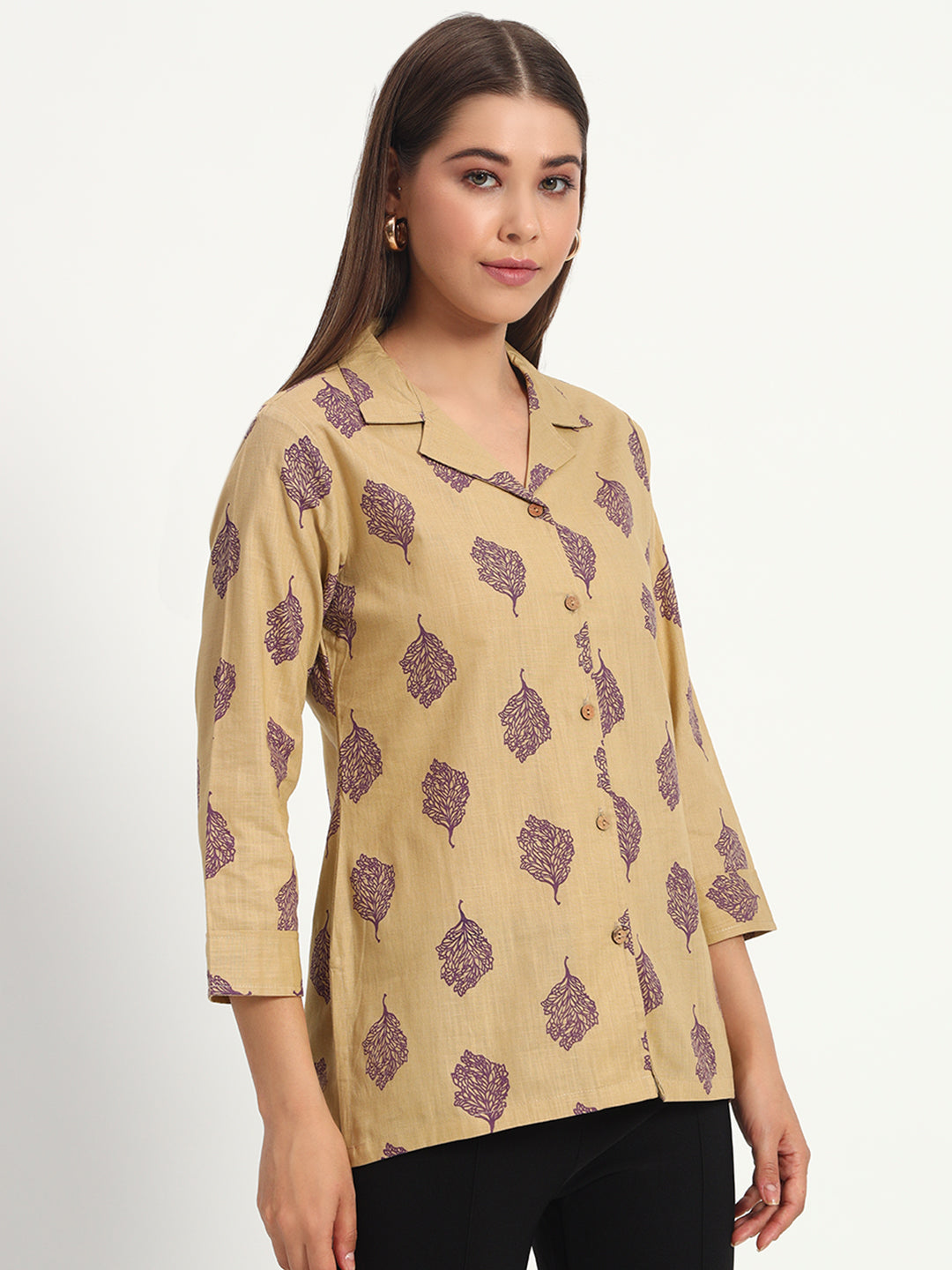 Khaki Printed Lapel Collar Shirt