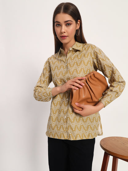 Khaki Zigzag Print Linen Shirt