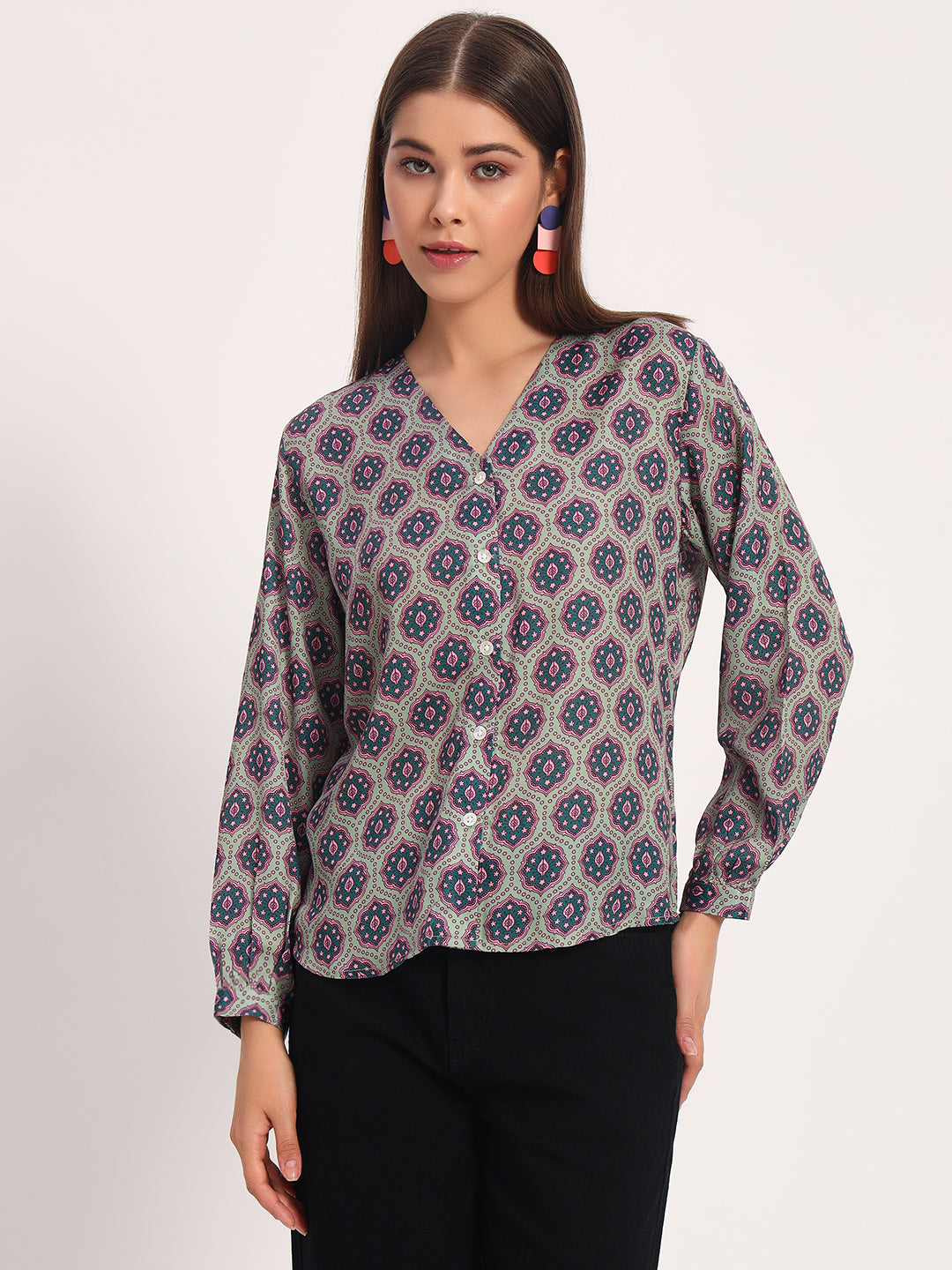 Light Olive Ajrak Print Shirt