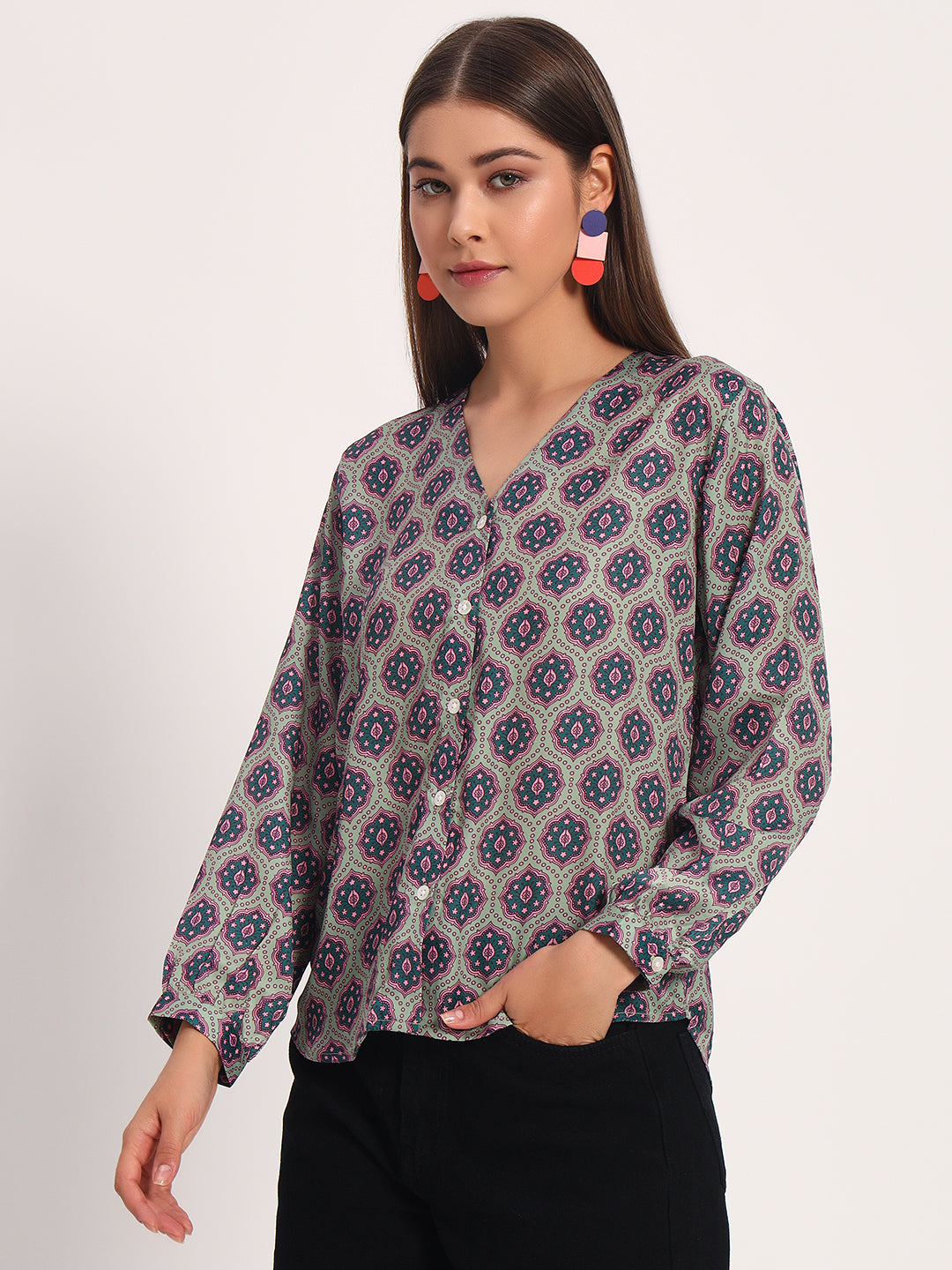 Light Olive Ajrak Print Shirt