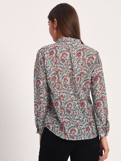 Damask Floral Print Bow Shirt