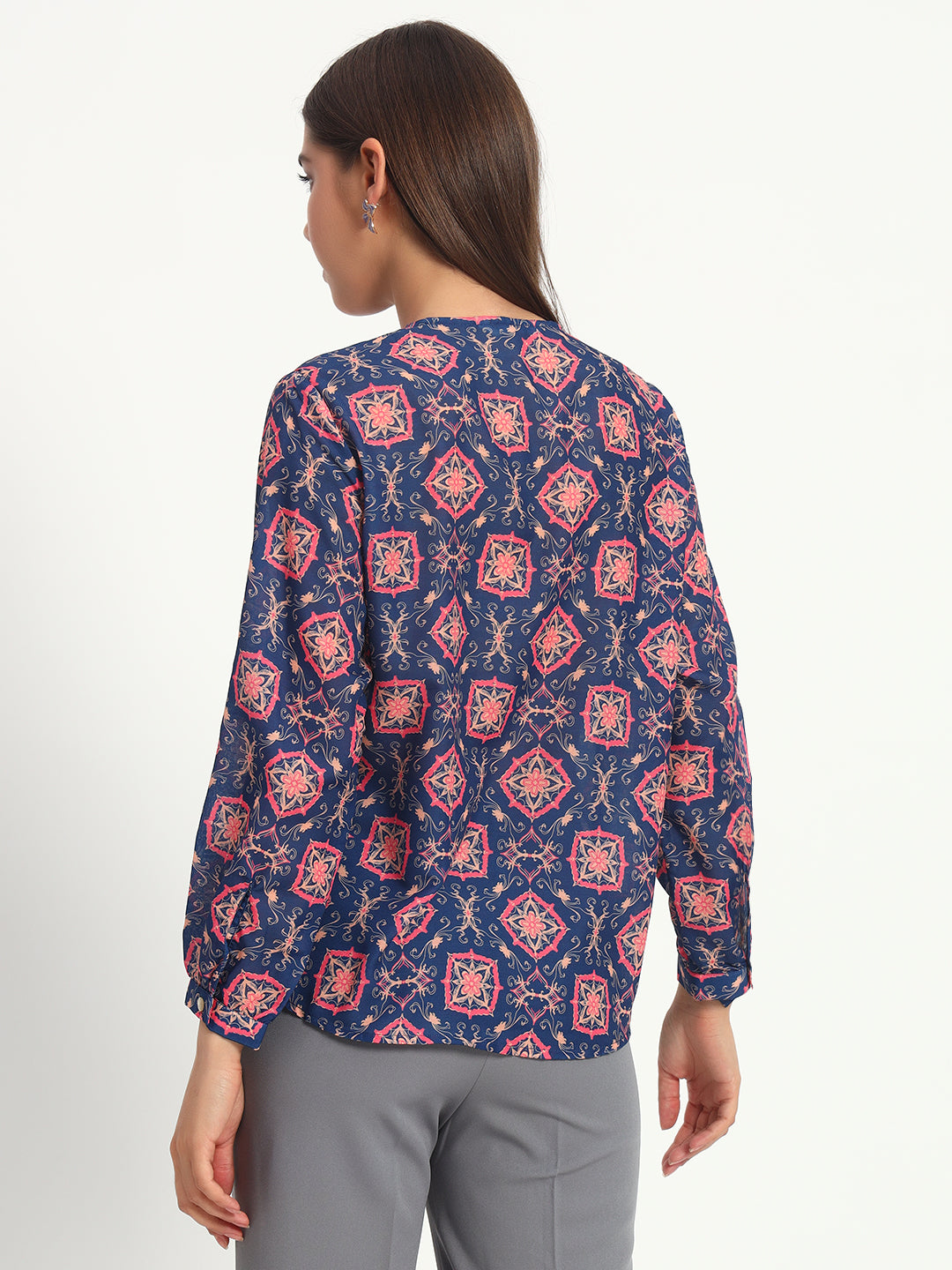 Navy Damask Print V Neck Shirt