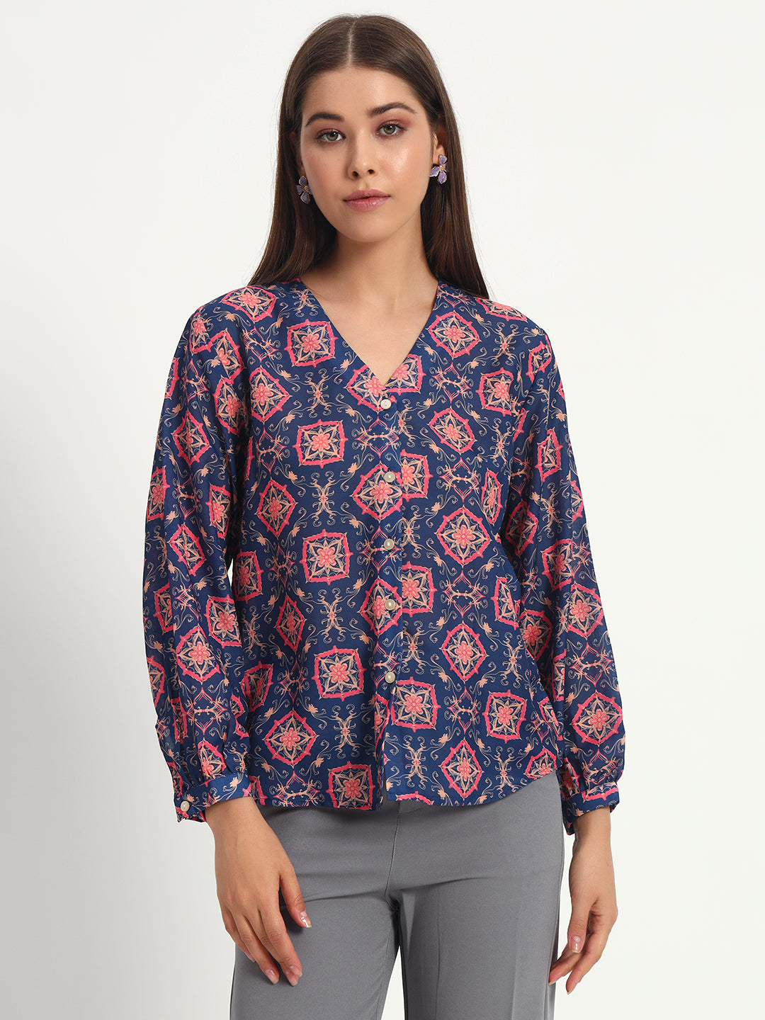 Navy Damask Print V Neck Shirt