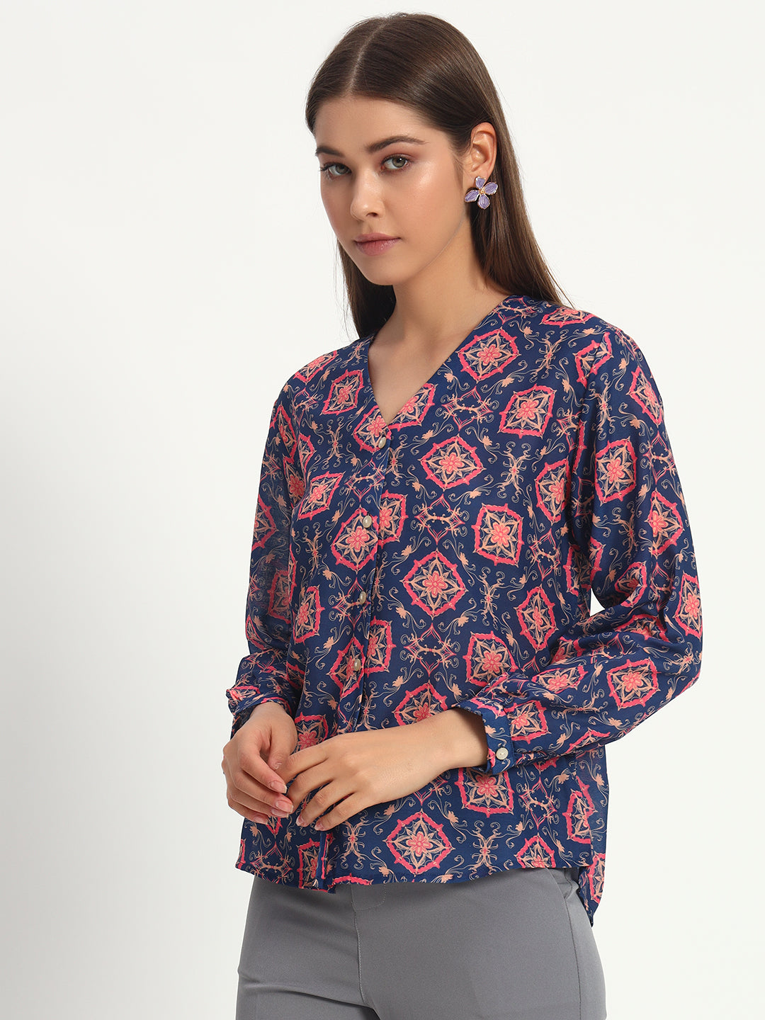 Navy Damask Print V Neck Shirt