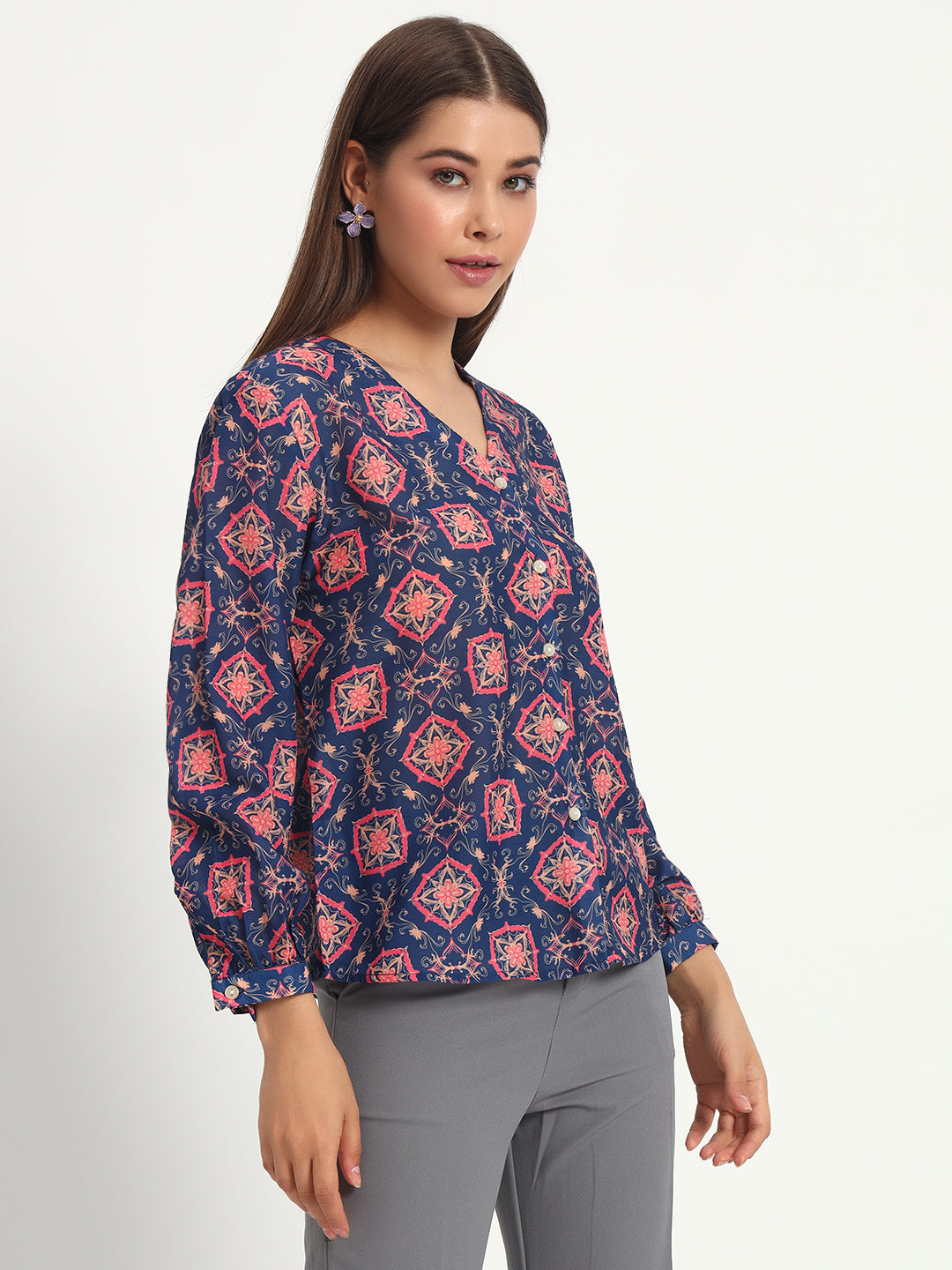 Navy Damask Print V Neck Shirt