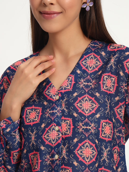 Navy Damask Print V Neck Shirt