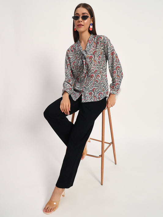 Damask Floral Print Bow Shirt
