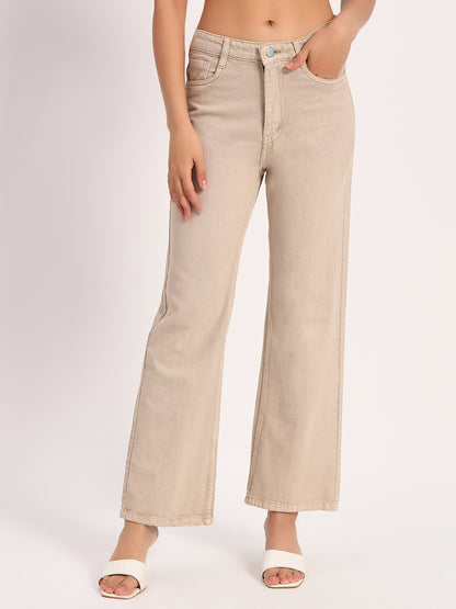 Beige Straight Fit Wide Leg Jeans